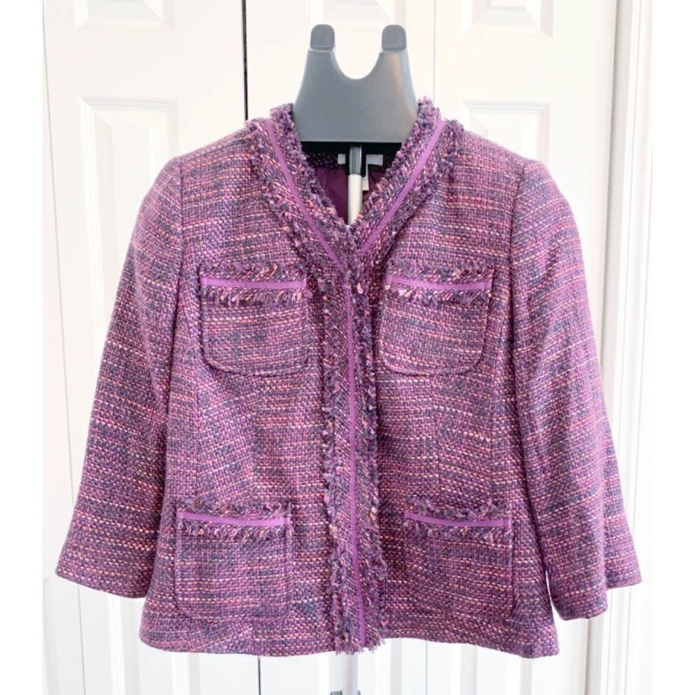 CHARTER CLUB Sz P/S Boucle Jacket Purplish w/Purple Ribbon Accent & Frayed Trim